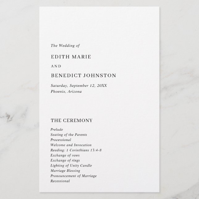 Programa minimalista de Bodas Modernas en Blanco y (Anverso)