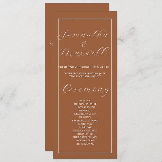 Programa minimalista de matrimonio quemado de terr (Anverso / Reverso)