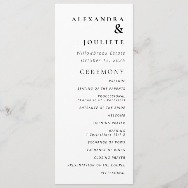Programa Mínimo Moderno De Boda Orden De Eventos (Anverso)