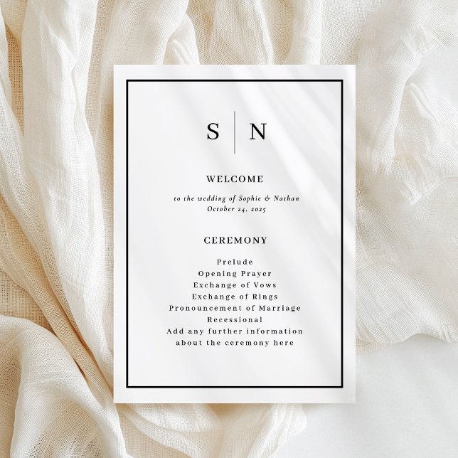 Programa Mínimo y Moda | Boda de borde blanco y negro (A minimal and chic wedding program in black and white, with your monogram)