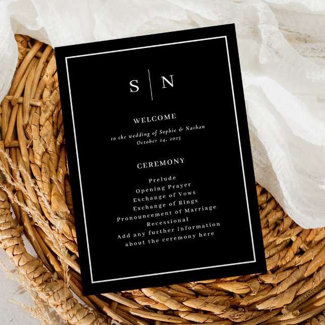 Programa Mínimo y Moda Negro | Elegante Boda fronterizo (A minimal and chic, dark black wedding program with your monogram)