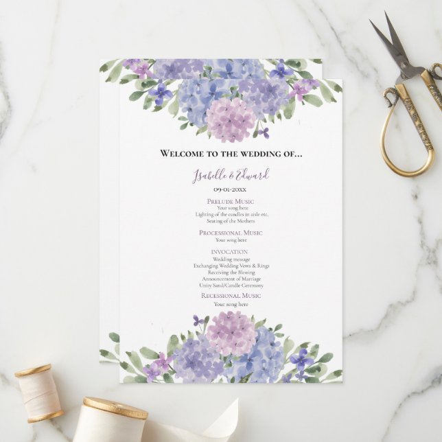 Programa Moda Dusty Blue Lilac Watercolor Floral Boda (Anverso/Reverso In Situ)