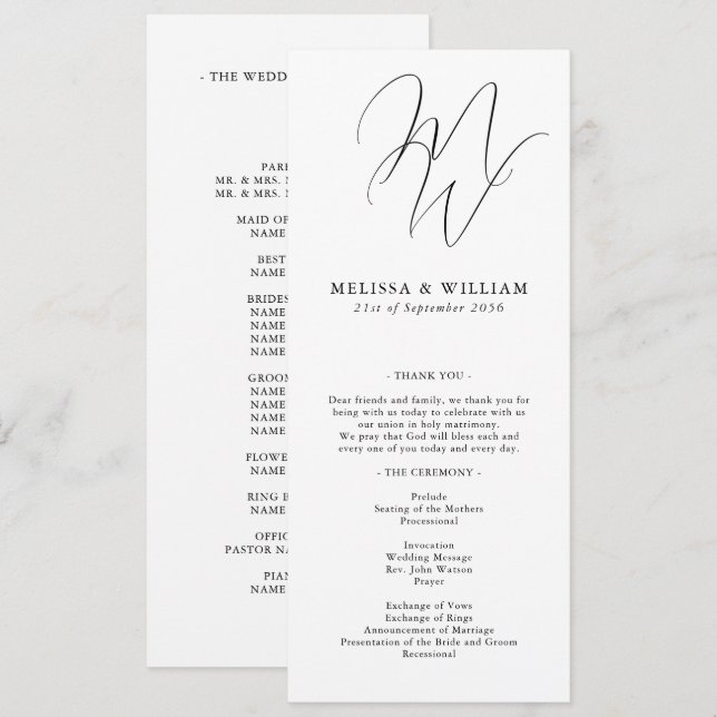 Programa Moda Monograma Iniciales modernas Boda blanco (Anverso / Reverso)