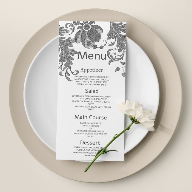 Programa Moda purpurina blanco negro Boda de encaje floral  (Chic black white glitter floral lace Wedding Menu )