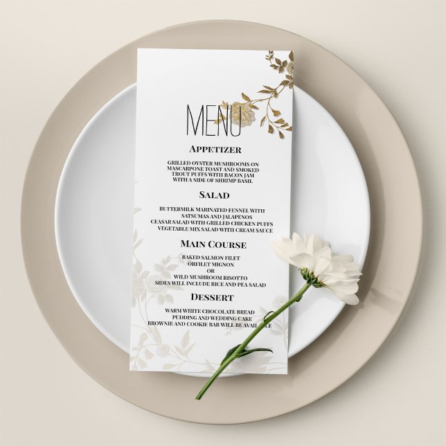 Programa Moda simple purpurina dorado blanco Boda floral Me (Simple chic white gold glitter floral Wedding Menu)