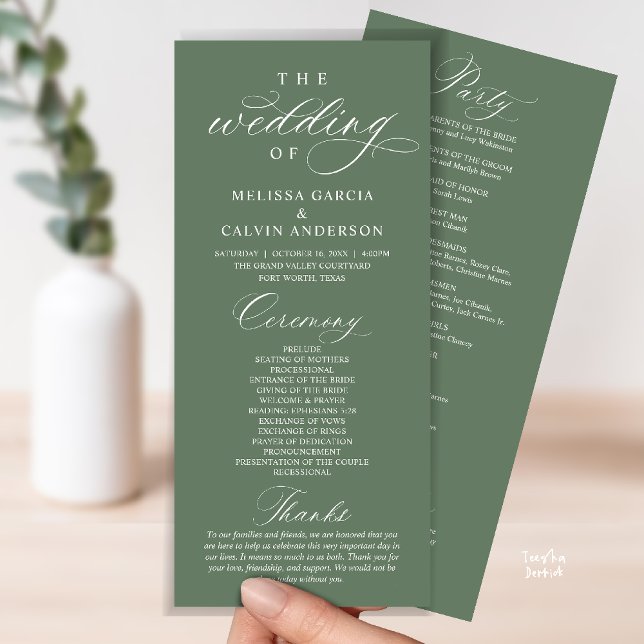 Programa Modern Classy Elegant Wedding Ceremony (Modern Classy Elegant Wedding Ceremony Program card sage green)