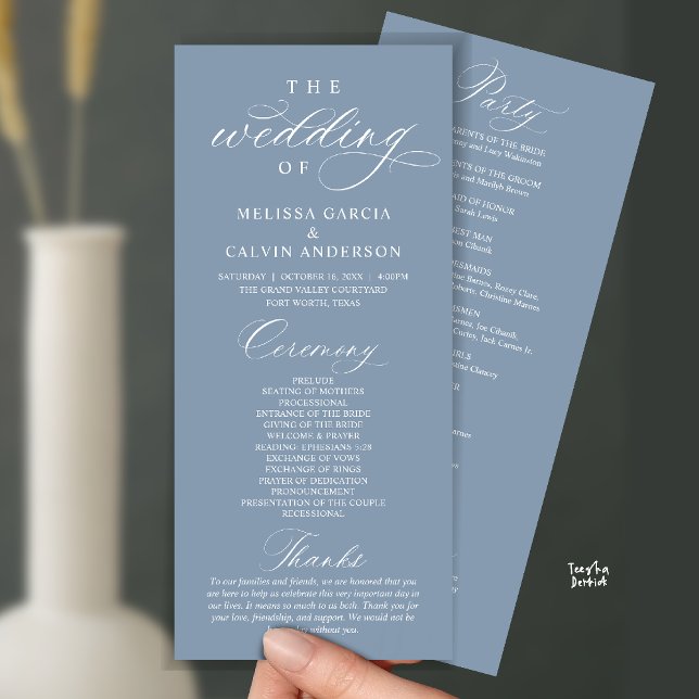 Programa Modern Classy Elegant Wedding Ceremony (Modern Classy Elegant Wedding Ceremony Program card dusty blue)