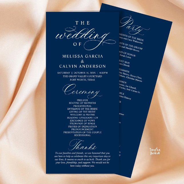 Programa Modern Classy Elegant Wedding Ceremony (Modern Classy Elegant Wedding Ceremony Program card navy blue)