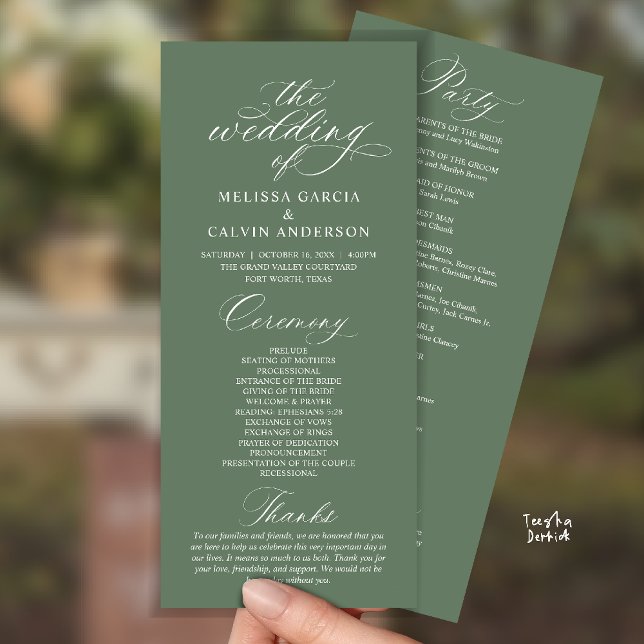Programa Modern Classy Elegant Wedding Ceremony (Modern Classy Elegant Romantic Wedding Ceremony Program Card in Sage Green)