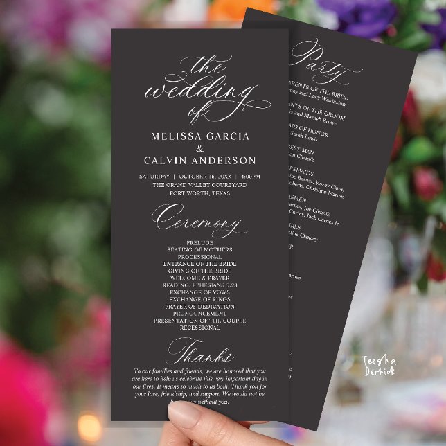 Programa Modern Classy Elegant Wedding Ceremony (Modern Classy Elegant Romantic Wedding Ceremony Program Card in Charcoal Grey)