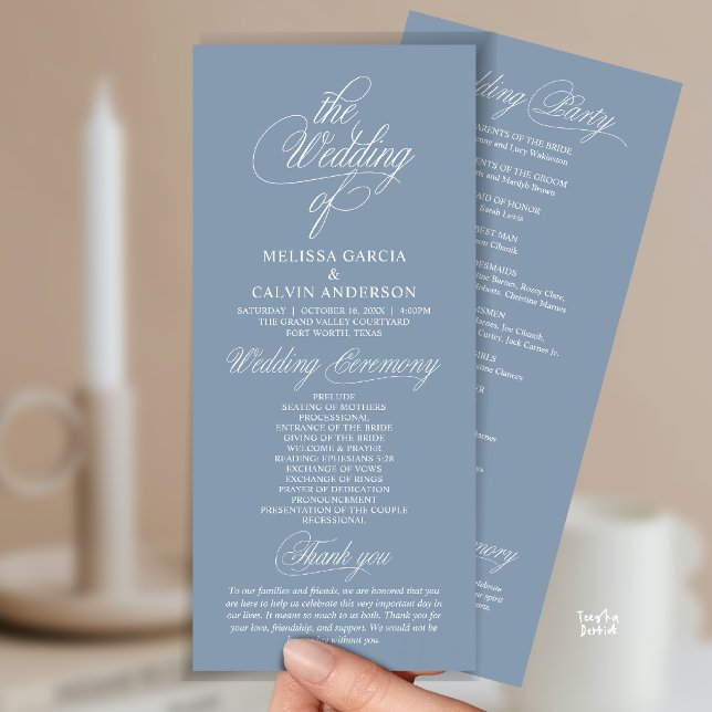 Programa Modern Classy Elegant Wedding Ceremony (Modern Classy Elegant Wedding Ceremony Program Card in Dusty Blue)
