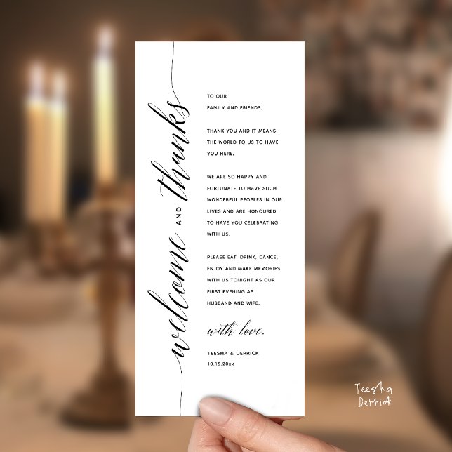 Programa Modern Classy Wedding Dinner Thank You Card (Modern Classy Wedding Reception Dinner Thank You Card, Bridal Shower in Black and White)