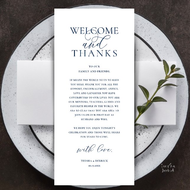 Programa Modern Classy Wedding Reception Thank You Card (Modern Classy Wedding Reception Dinner Lunch Brunch Thank You Card in Navy Blue)