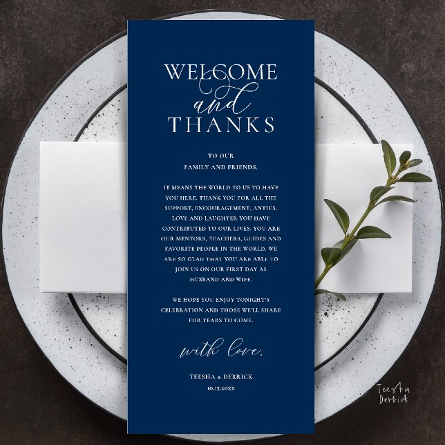Programa Modern Classy Wedding Reception Thank You Card (Modern Classy Wedding Reception Dinner Lunch Brunch Thank You Card in Navy Blue)