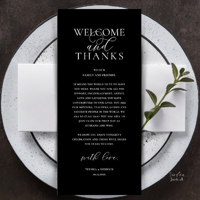 Programa Modern Classy Wedding Reception Thank You Card (Modern Classy Wedding Reception Dinner Lunch Brunch Thank You Card in Black White)