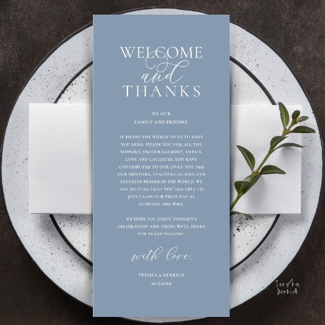 Programa Modern Classy Wedding Reception Thank You Card (Modern Classy Wedding Reception Dinner Lunch Brunch Thank You Card in Dusty Blue)