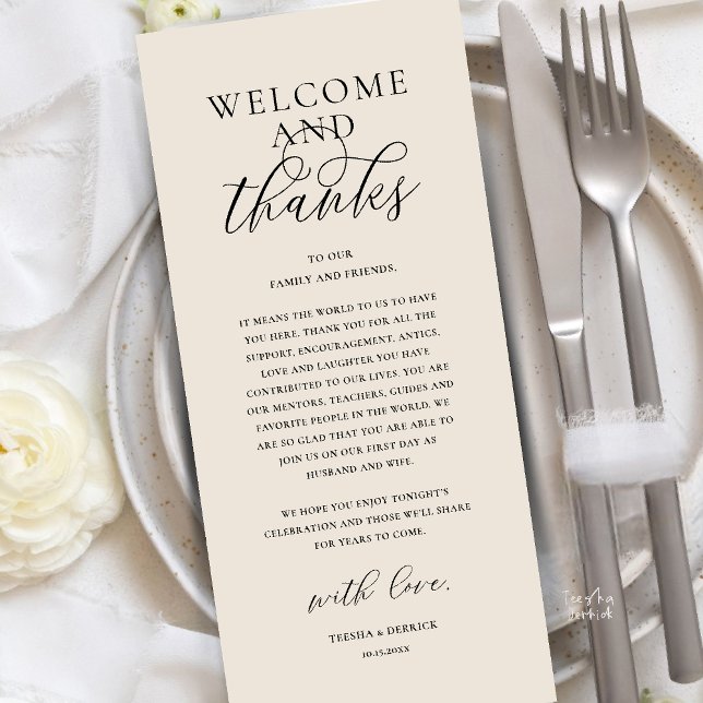 Programa Modern Classy Wedding Reception Thank You Card (Modern Classy Wedding Reception Dinner Brunch Lunch Thank You Card in Cream Black)