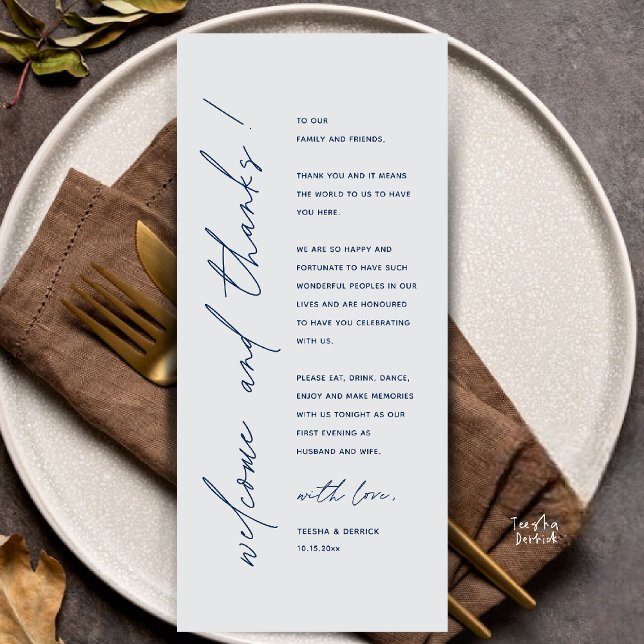 Programa Modern Minimalist Wedding Reception Thank You Card (Modern Minimalist Wedding Reception Dinner Thank You Card in navy blue and grey tones)