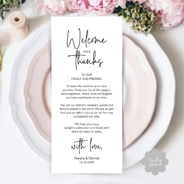 Programa Modern Minimalist Wedding Reception Thank You Card (Modern Wedding Reception Dinner Brunch Lunch Celebration Thank You Card in Black and white)