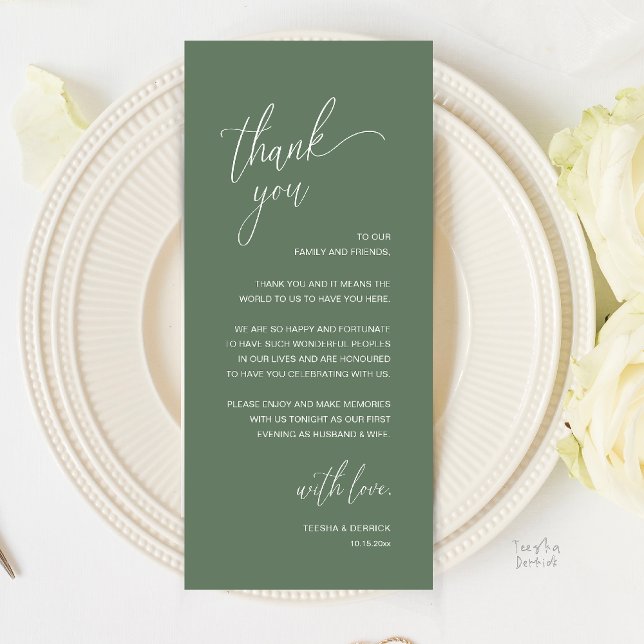 Programa Modern Minimalist Wedding Reception Thank You Card (Modern Minimalist Wedding Reception Thank You Card in Classy Sage Green)
