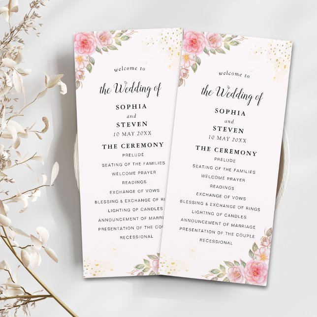 Programa Modern Pink Floral Wedding Party with Golden Touch (Subido por el creador)