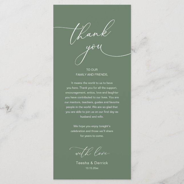 Programa Modern Romantic Wedding Reception Thank You Card (Anverso)