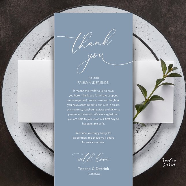 Programa Modern Romantic Wedding Reception Thank You Card (Modern Romantic Wedding Reception Thank You Card, plate decoration, in Dusty Blue)