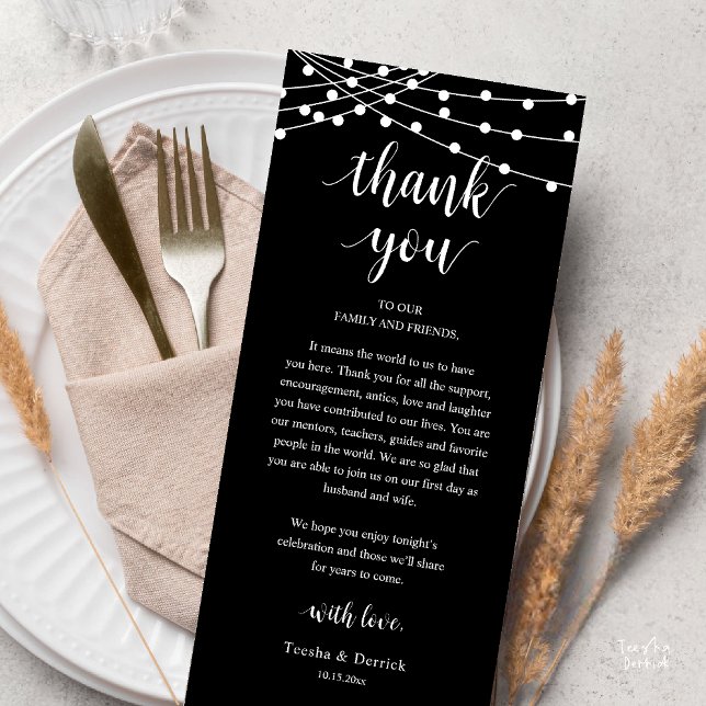 Programa Modern Rustic Wedding Dinner Thank You Card (Modern Rustic Wedding Dinner Thank You Card Reception Reception String Lights Black White)