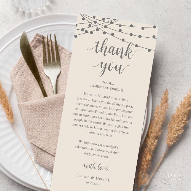 Programa Modern Rustic Wedding Dinner Thank You Card (Modern Rustic Wedding Dinner Thank You Card Reception Reception String Lights Cream Grey)