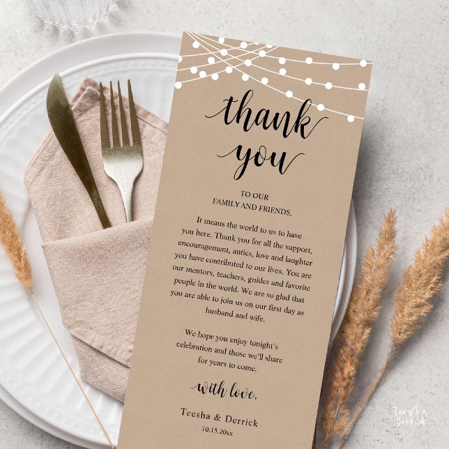 Programa Modern Rustic Wedding Dinner Thank You Card (Modern Rustic Wedding Dinner Thank You Card Reception Reception String Lights Brown Kraft)