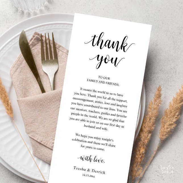 Programa Modern Rustic Wedding Dinner Thank You Card (Modern Rustic Wedding Dinner Thank You Card Reception Lunch Brunch Reception in Black and White)