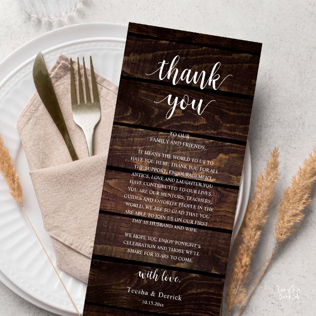 Programa Modern Rustic Wedding Reception Thank You Card (Modern Rustic Wedding Dinner Thank You Card Reception Lunch Brunch Reception in Cottage Dark Wood)
