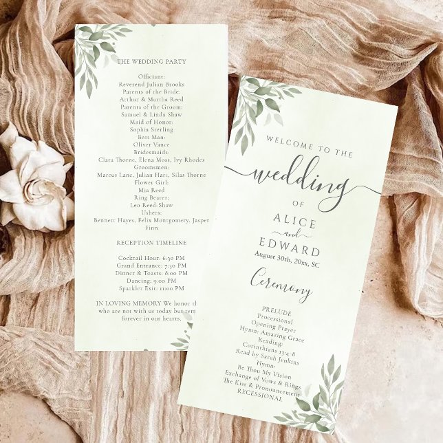 Programa Modern Sage Greenery Wedding Program Car (Subido por el creador)