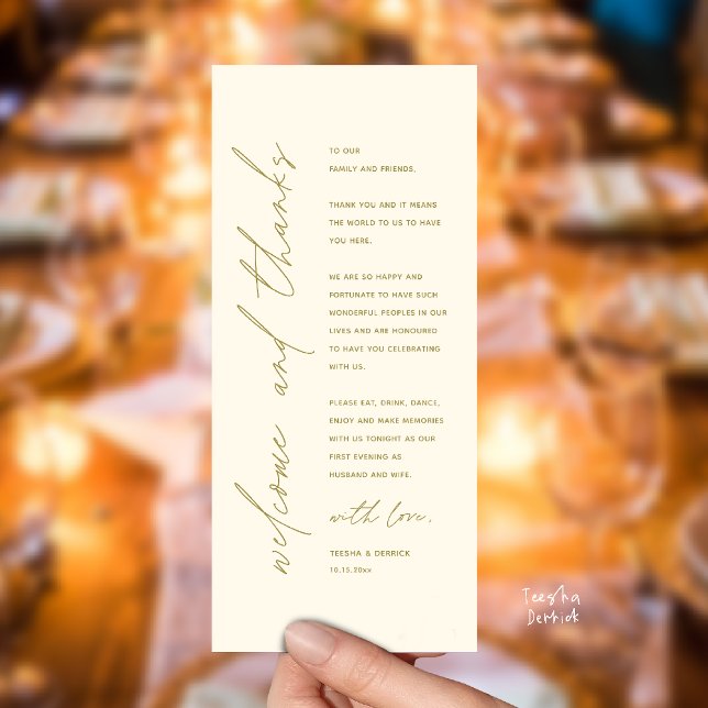 Programa Modern Wedding Reception Dinner Thank You Card (Welcome and thanks, Modern Wedding Reception Dinner Thank You card, family friends in yellow gold)