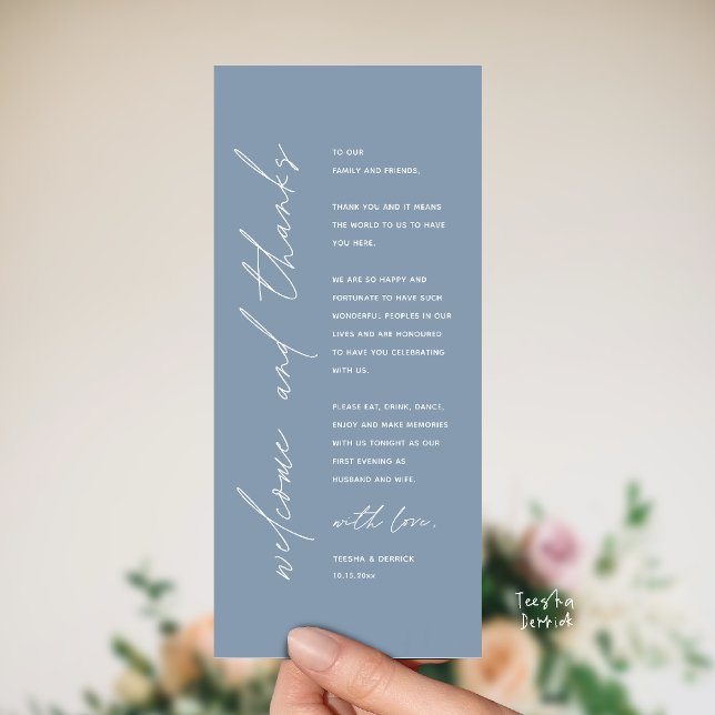 Programa Modern Wedding Reception Dinner Thank You Card (Welcome and thanks, Modern Wedding Reception Dinner Thank You card, family friends in dusty blue)