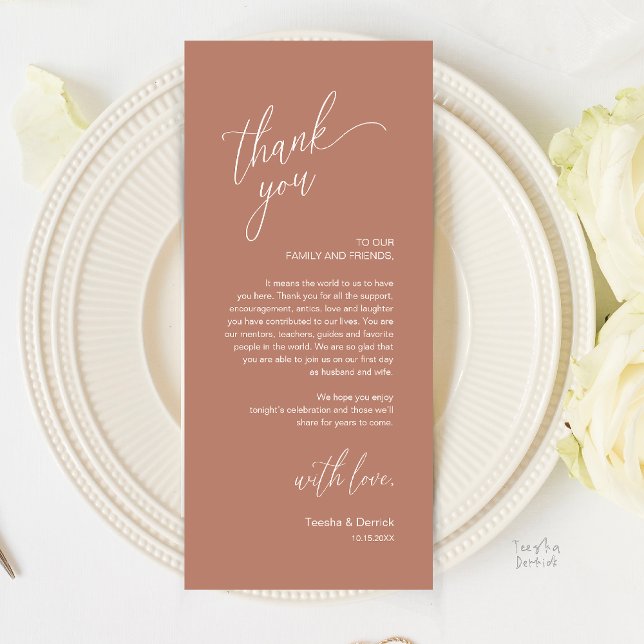 Programa Modern Wedding Reception Dinner Thank You Card (Modern Wedding Reception Dinner Thank You Card in rustic terracotta brown)