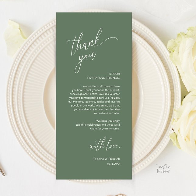 Programa Modern Wedding Reception Dinner Thank You Card (Modern Wedding Reception Dinner Thank You Card in Sage Green)