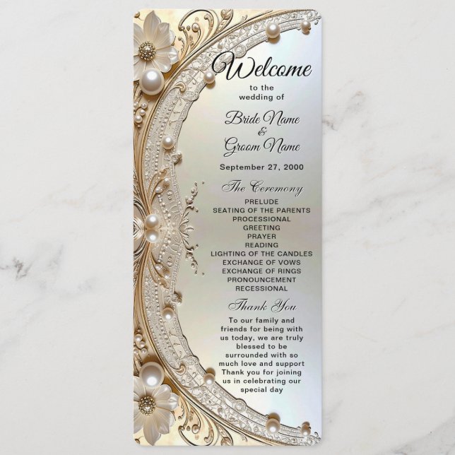 Programa Modern White Flowers Pearls Wedding Program (Anverso)