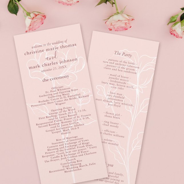 Programa Moderna Boda Floral Rosa Elegante (Elegant Blush pink with a white outline floral design in the background with mauve font program.)
