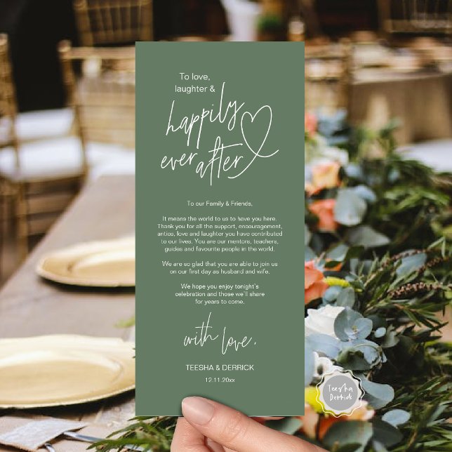 Programa Moderna, linda, Boda, configuración Gracias Tarjet (Modern cute, Wedding Place Setting Thank You Card, Hand drawn Heart, in Forest Sage Green)