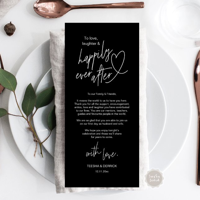 Programa Moderna, linda, Boda, configuración Gracias Tarjet (Modern cute, Wedding Place Setting Thank You Card, Hand drawn Heart, in Classy Black)