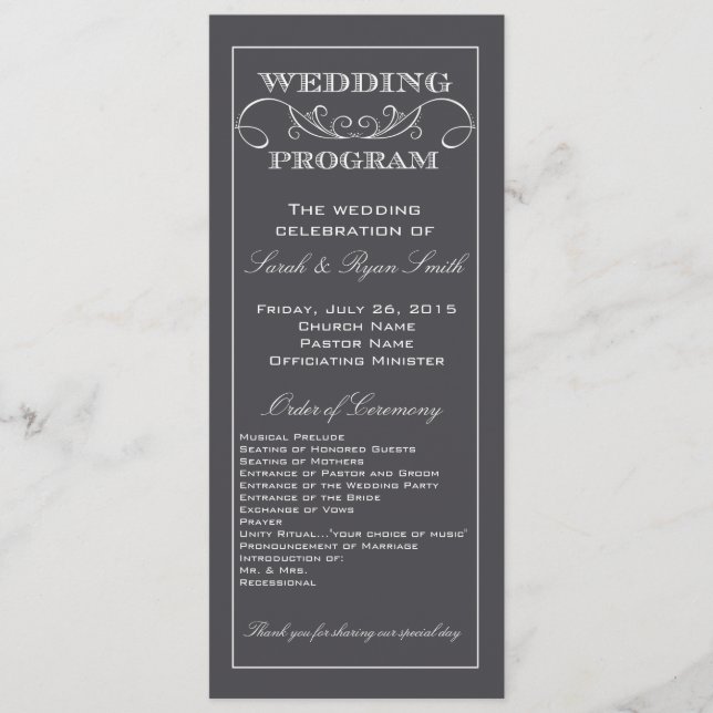 Programa moderno de Boda de Gris Gris de carbón ve (Anverso)