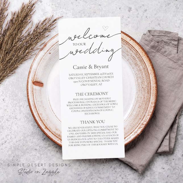 Programa moderno de matrimonio elegante en blanco  (rustic modern black and white wedding program)