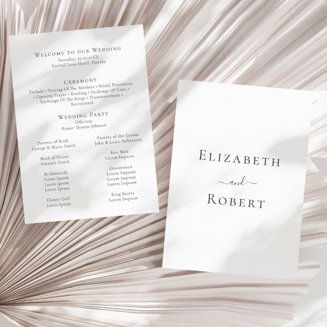 Programa moderno Minimalista de matrimonio negro y (Modern Minimalist Black and White Wedding Program on a sunny neutral dry palm leaf.)