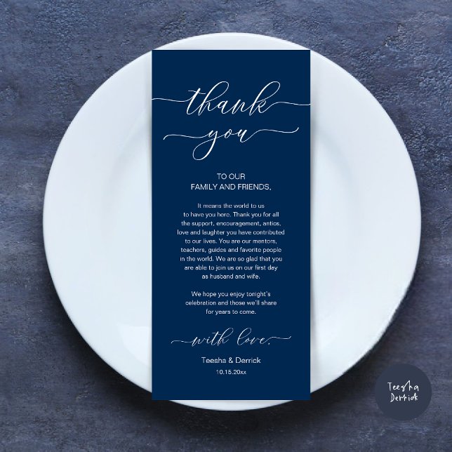 Programa Moderno Romance Dinner Place Setting Gracias Card (Wedding Dinner Place Setting Thank You Card, Modern Minimalist, in Navy Blue)