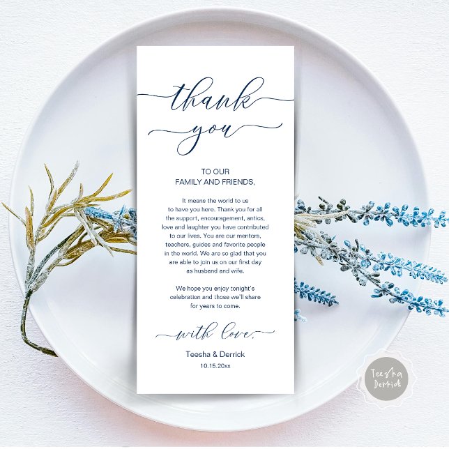 Programa Moderno Romance Dinner Place Setting Gracias Card (Wedding Dinner Place Setting Thank You Card, Modern Minimalist, in Navy Blue)