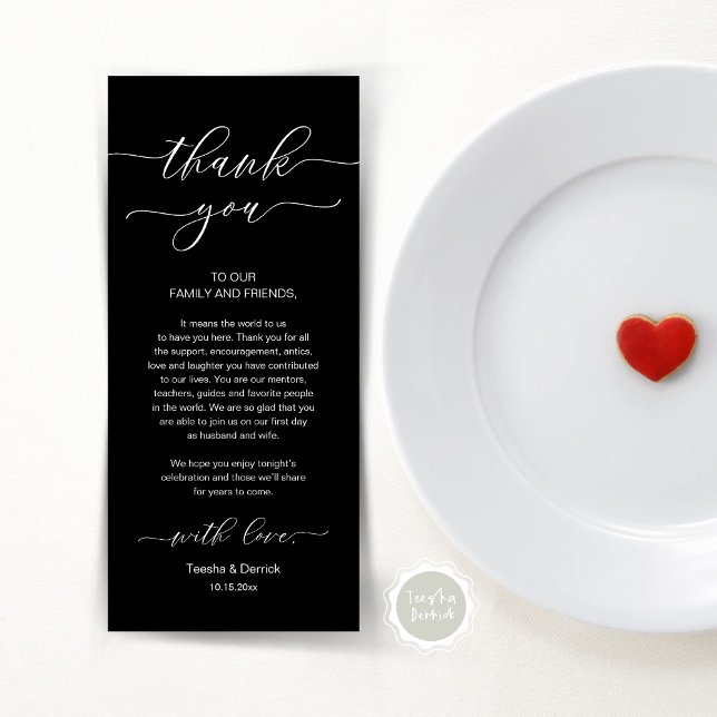 Programa Moderno Romance Dinner Place Setting Gracias Card (Wedding Dinner Place Setting Thank You Card, Modern Minimalist, in Classy Black)