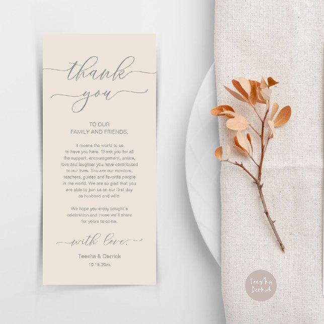 Programa Moderno Romance Dinner Place Setting Gracias Card (Wedding Dinner Place Setting Thank You Card, Modern Minimalist, in Grey and Cream)