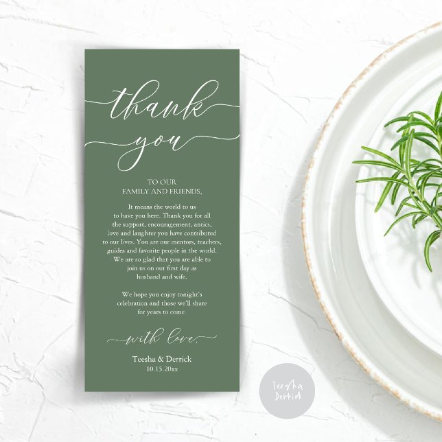 Programa Moderno Romance Dinner Place Setting Gracias Card (Wedding Dinner Place Setting Thank You Card, Plate Decoration, Modern Script, in Sage Green)