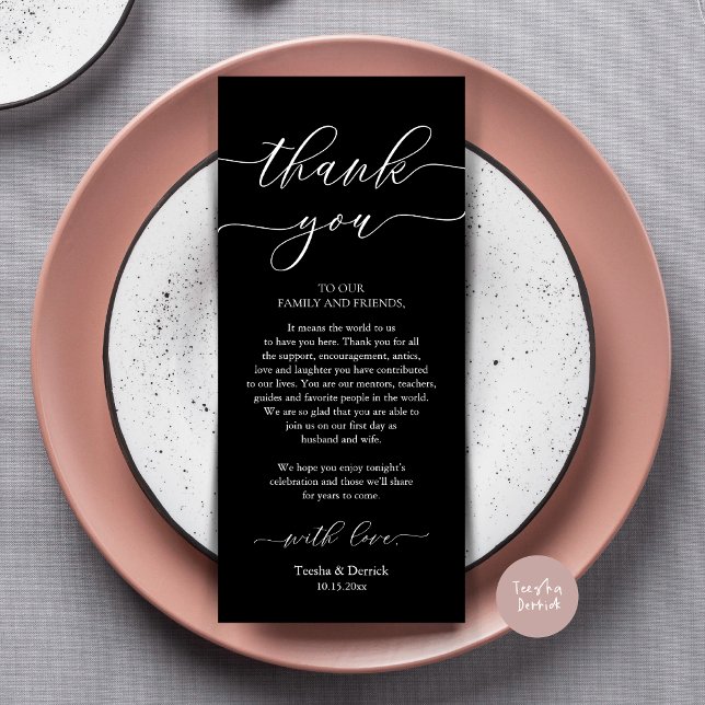 Programa Moderno Romance Dinner Place Setting Gracias Card (Wedding Dinner Place Setting Thank You Card, Plate Decoration, Modern Script, in Classy Black)